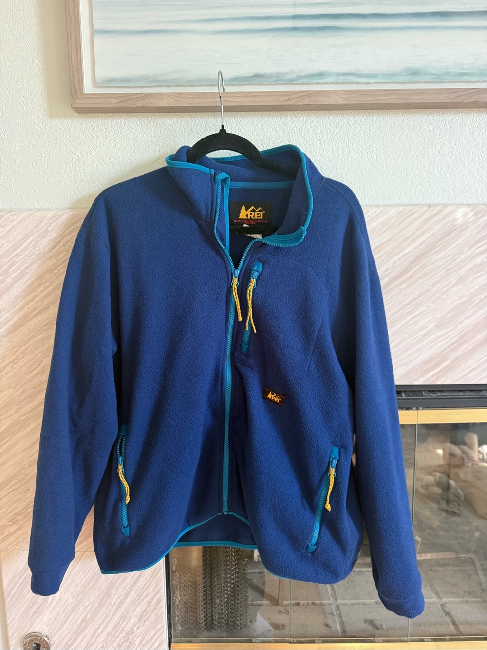 REI vintage womens Blue Fleece Jacket with Teal Trim and Yellow Zippers